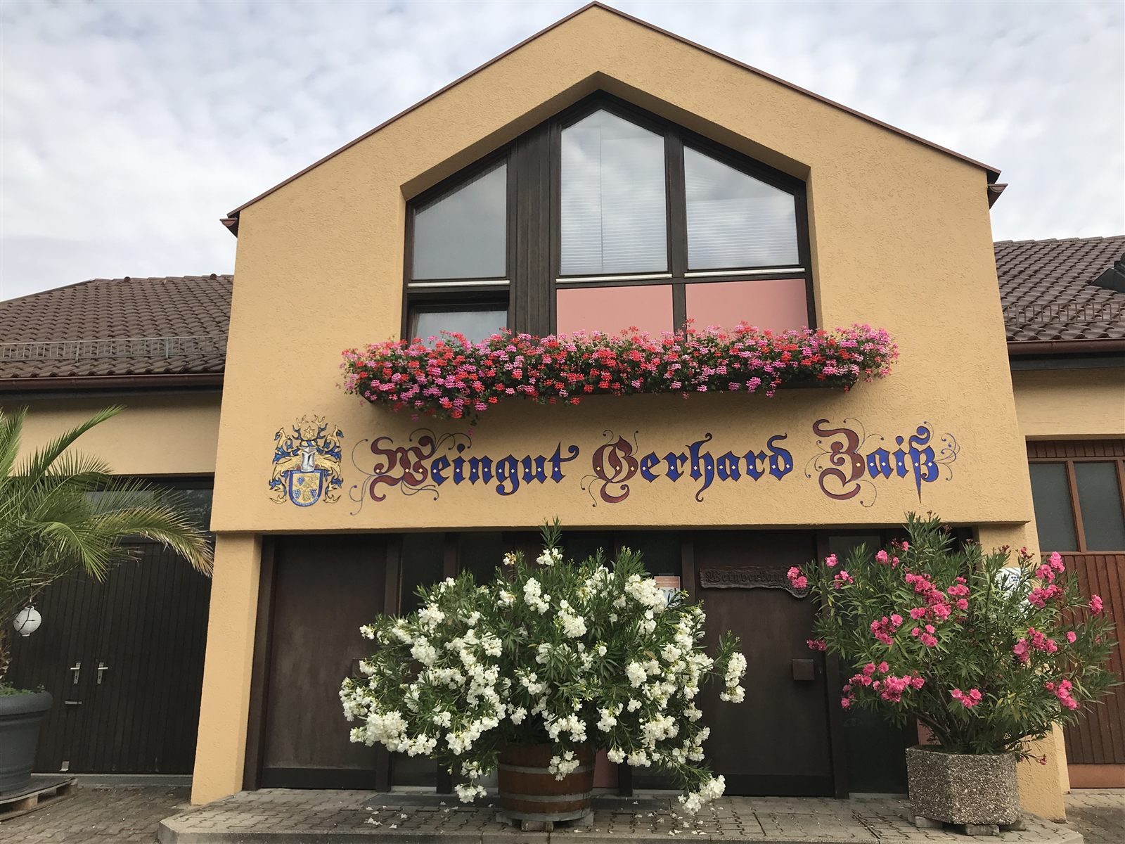 Die Fassade des Weinguts mit dem gemalten Schriftzug Weingut Gerhard Zaiß, Blumenkasten und Oleander