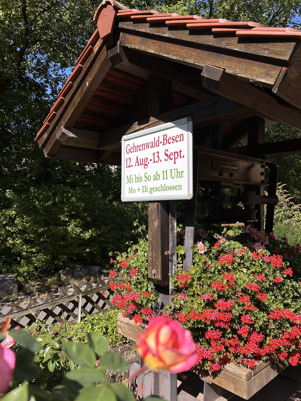 Die alte Holzweinpresse am Hof, davor Rosen und Geranien