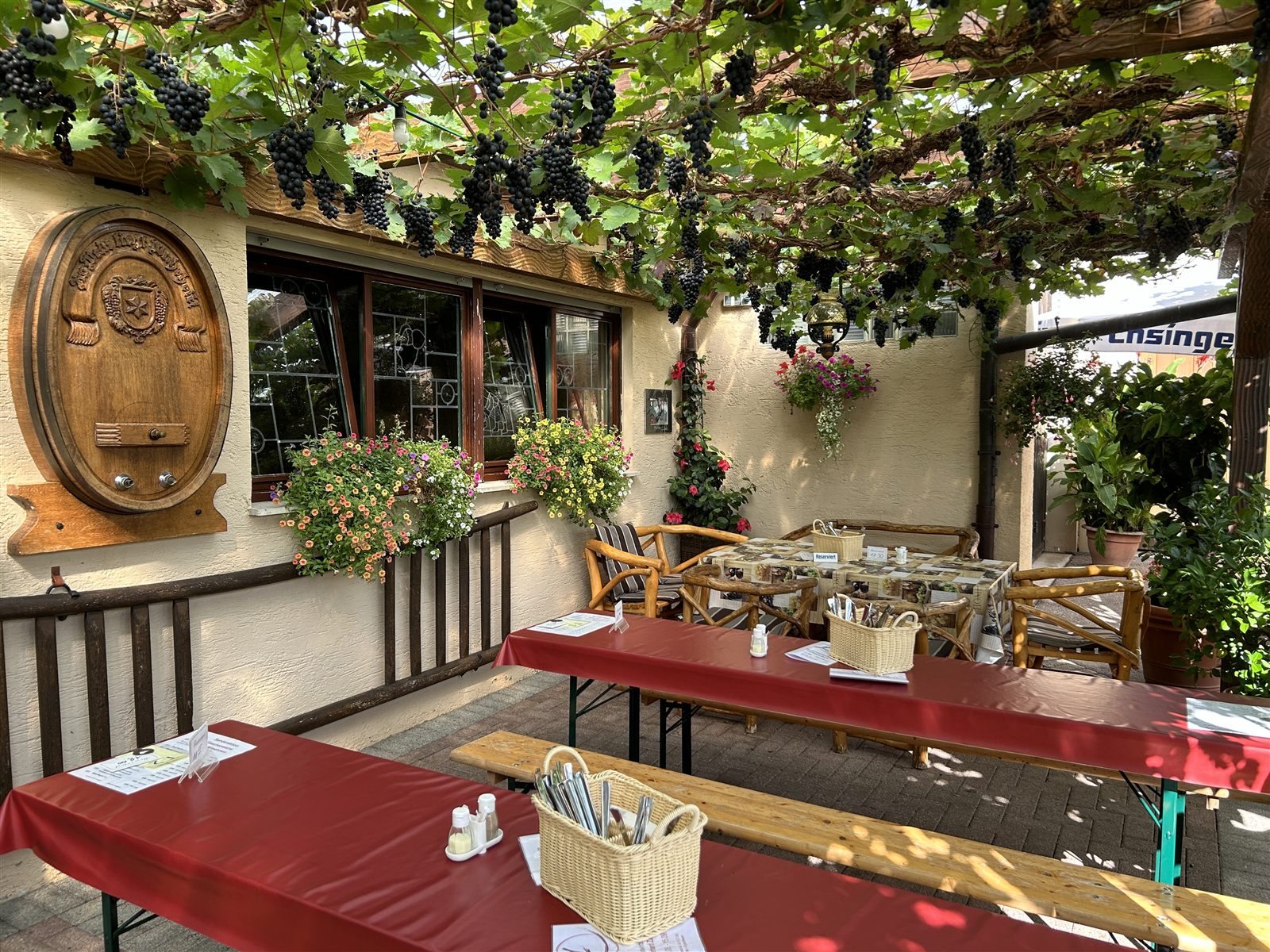 Unsere Weinlaube: gedeckte rote Tische unter blauen Trauben, an der Wand das Fassschild